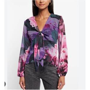 Express purple floral v neck blouse long sleeves | Size Medium